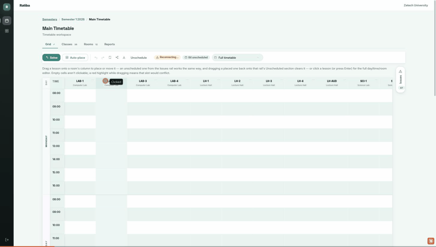 Ratiba’s solver placing lessons live on the timetable grid
